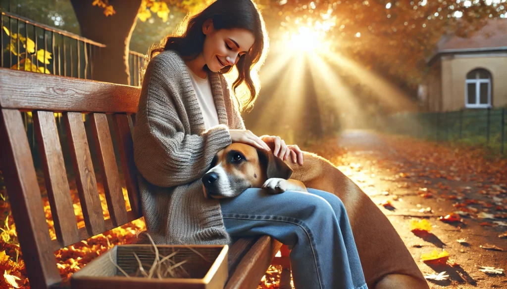 ベンチに座る女性と犬