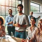 明るい話題で朝礼を盛り上げている男性