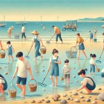 干汐海水浴場で潮干狩りを楽しむ人々