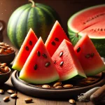 お皿の上に載っているスイカと種