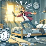 寝坊をしてベットの上で取り乱している男性