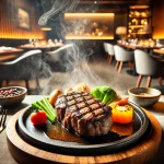 テーブルの上にあるステーキ