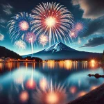 河口湖と花火と富士山