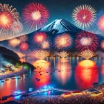 河口湖で夜空に打ち上げられている花火