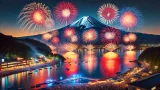 河口湖で夜空に打ち上げられている花火