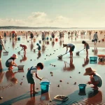 干汐海水浴場で潮干狩りをしている人々