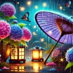 6月のイメージの傘とアジサイ