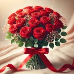 綺麗にリボンで束ねてあるバラ