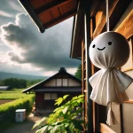 屋根に吊り下げられているてるてる坊主