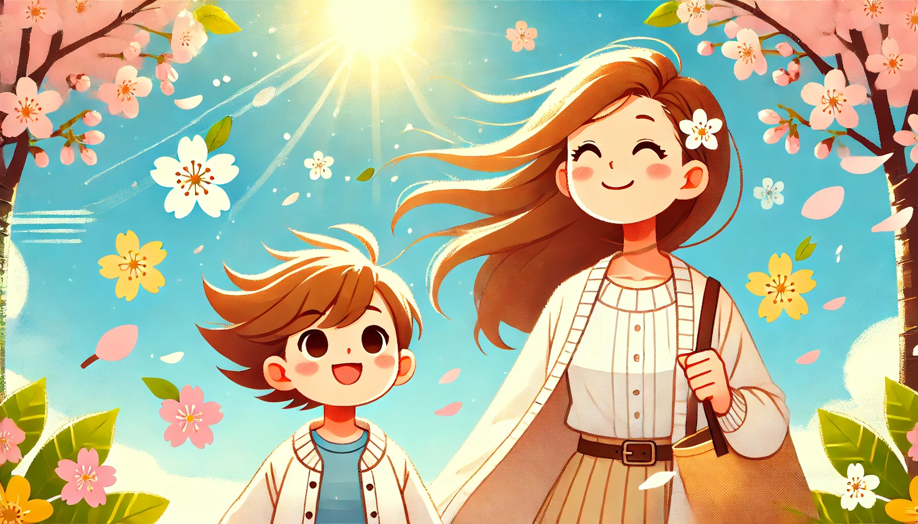 春一番を感じている親子