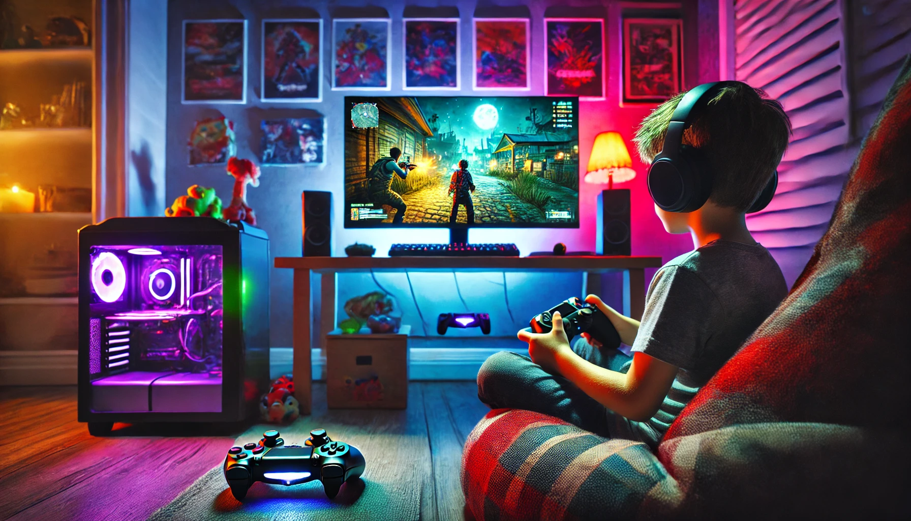 テレビゲームで遊んでいる子供