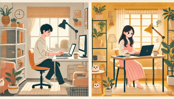パソコンで副業をしている男性と女性