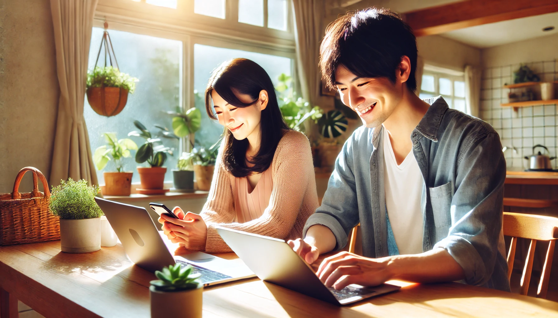 パソコンで副業している男女