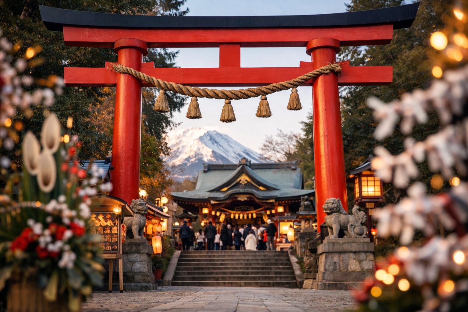 初詣の鳥居と神社の画像