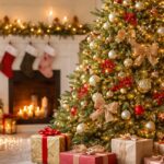 クリスマスツリーと暖炉の画像