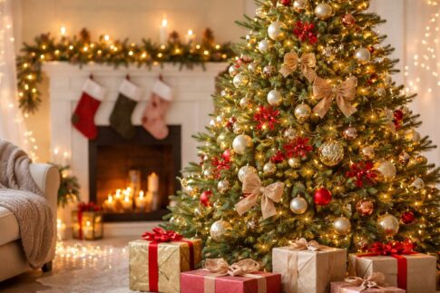 クリスマスツリーと暖炉の画像